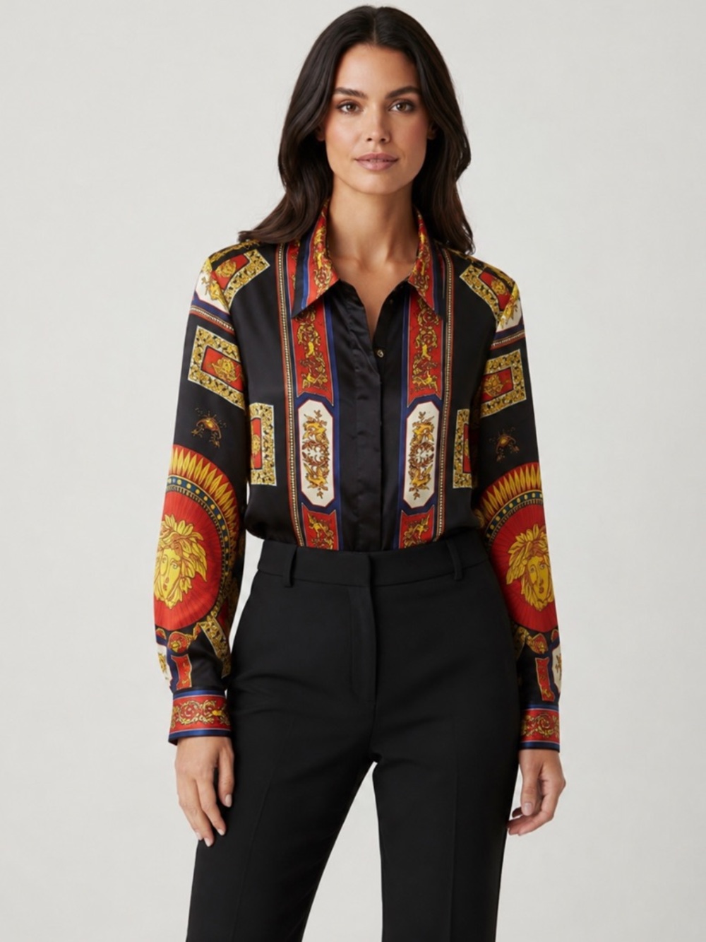 VINTAGE FRED DAVID GOLD MEDUSA MYTHOLOGY SCROLLS BLOUSE SZ 12 VERSACE